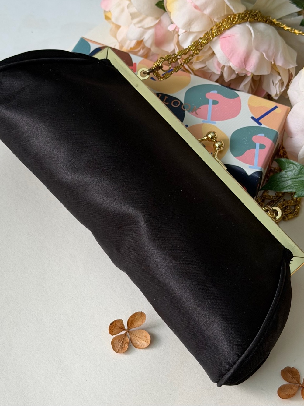 Elegant Black Satin Frame Clutch with Gold Chain